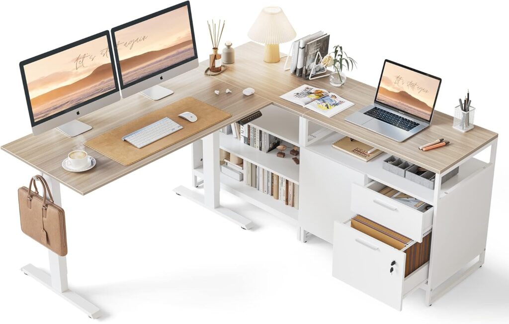 FEZIBO 66 Inches L Shaped Standing Desk with Drawers & Shelves, Executive Desk Adjustable Height Desk, Light Walnut Top/White Frame
