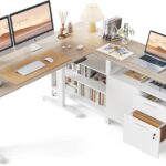 FEZIBO 66 Inches L Shaped Standing Desk with Drawers & Shelves, Executive Desk Adjustable Height Desk, Light Walnut Top/White Frame