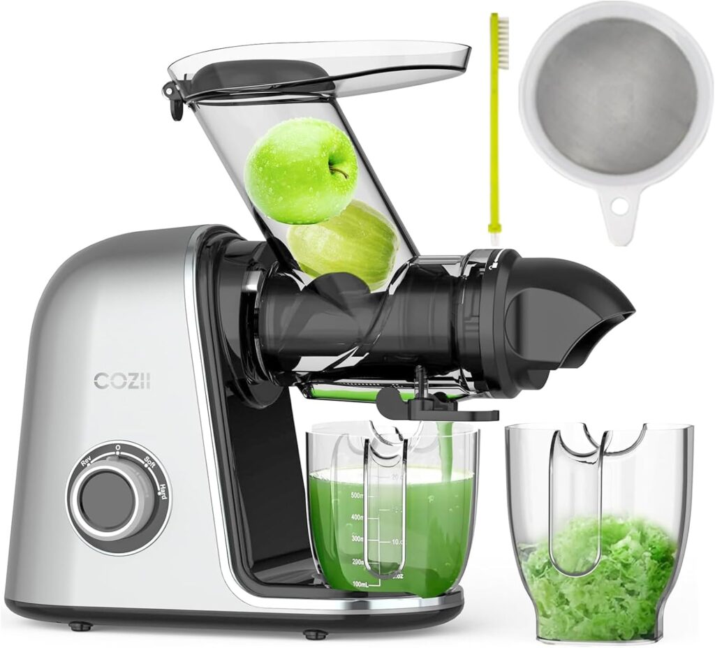 COZII Cold Press Juicer Extractor, Slow Masticating Juicer Soft/hard Mode, 3.6″ Large Feed Chute For Vegetable and Fruit, Easy to Clean, Quiet Motor, High Juice Yield, Dishwasher Safe