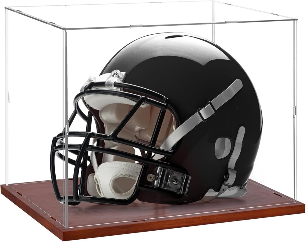 Full Size Football Helmet Display Case – 15.4×11×11.8in Interior, 100% Wooden Base, Compatible with Baseball/Motorcycle/Racing Helmets, High-Transparency Acrylic with UV Protection