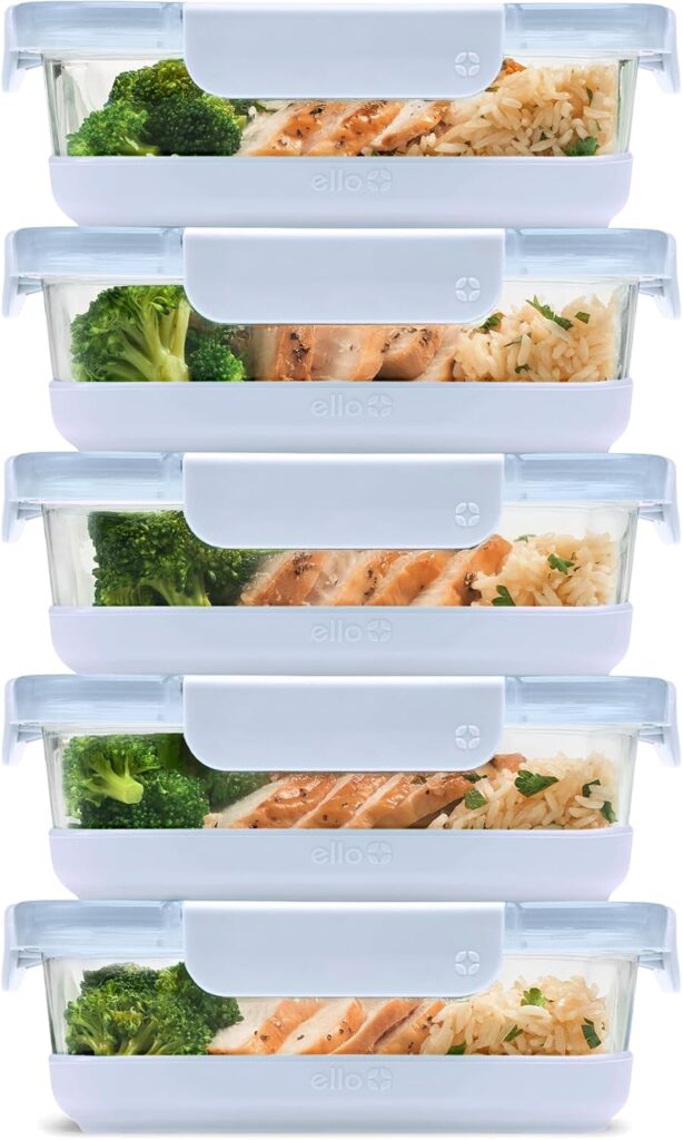 Ello Duraglass 3.4 Cup Meal Prep Sets 10Pc, 5 Pack Set- Glass Food Storage Container with Silicone Boot and Airtight BPA-Free Plastic Lids, Dishwasher, Microwave, and Freezer Safe, Halogen Blue