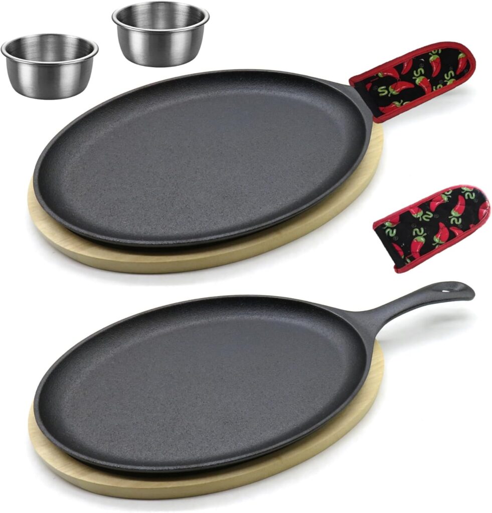 2 x Cast Iron Fajita Plate Set Fajita Plate Pan with Wooden Tray Anti Scald Protection Hot Mitt Cast Iron Skillet Set for Home Barbecue Kitchen Party Restaurant Catering Service