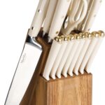 Martha Stewart 16 Piece Lockton High Carbon Stainless Steel Cutlery Kitchen Knife Block Set W/ABS Tripe Riveted Forged Handle Acacia Wood Block – Linen White W/Gold