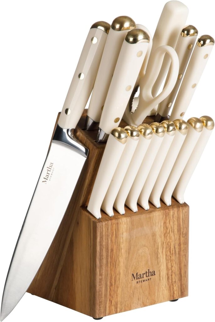 Martha Stewart 16 Piece Lockton High Carbon Stainless Steel Cutlery Kitchen Knife Block Set W/ABS Tripe Riveted Forged Handle Acacia Wood Block – Linen White W/Gold