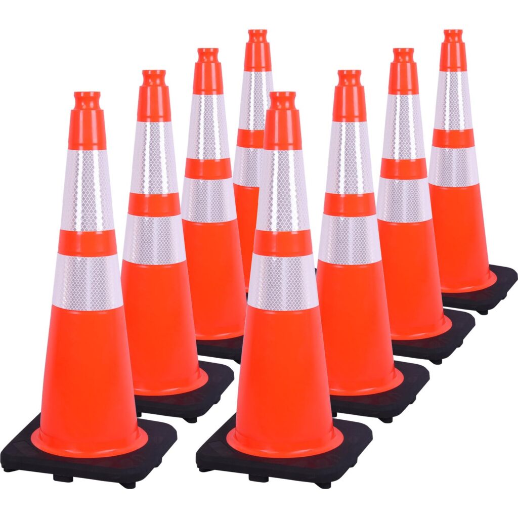 Fluorescent Orange PVC Traffic Cones, Heavy-Duty Black Base Garage Parking Lot Cones Structurally Stable Weatherproof Road Construction Safety Cones (8, Orange, 28″ Large)