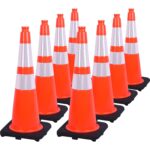 Fluorescent Orange PVC Traffic Cones, Heavy-Duty Black Base Garage Parking Lot Cones Structurally Stable Weatherproof Road Construction Safety Cones (8, Orange, 28″ Large)