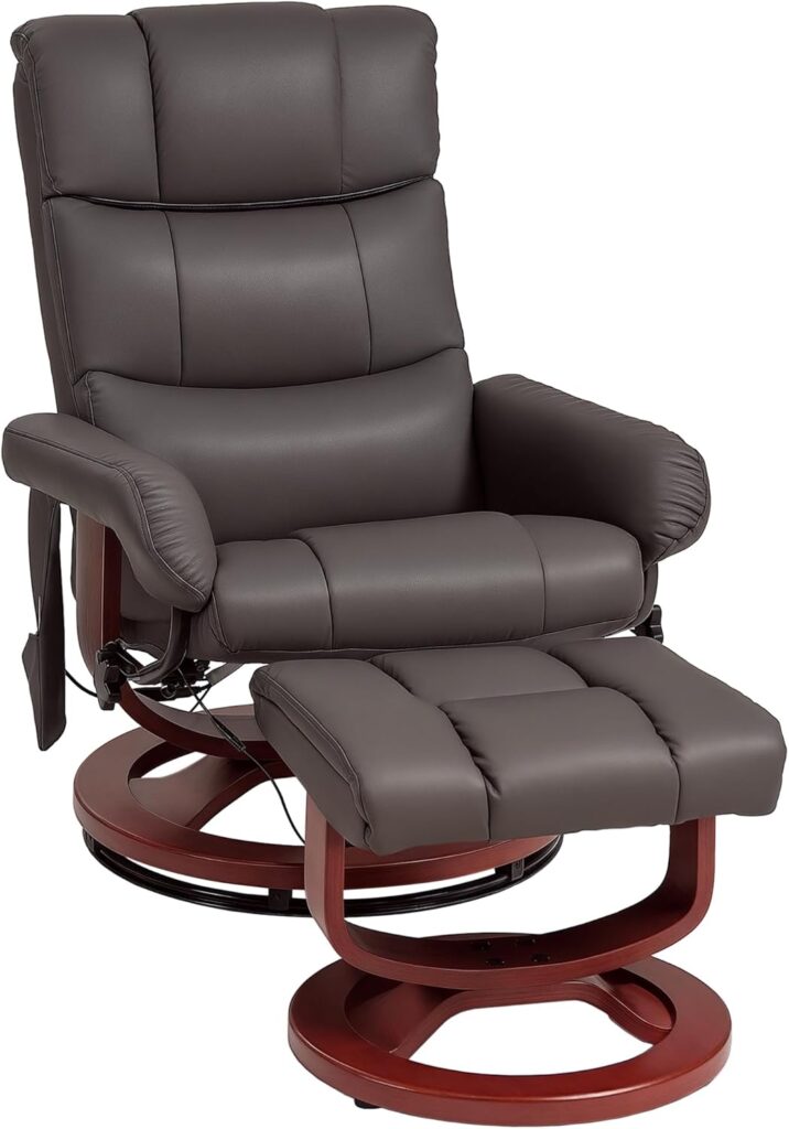 HOMCOM Massage Recliner Chair with Ottoman, Swivel Recliner and Footrest, Faux Leather Reclining Chair with Remote Control, 10 Vibration Points and Side Pocket, Brown