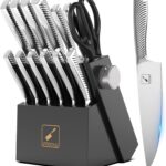 Knife Block Set, 15Pcs High Carbon Stainless Steel Knife Set with Block, Kitchen Knife Set Black, Dishwasher Safe, Build-in Sharpener