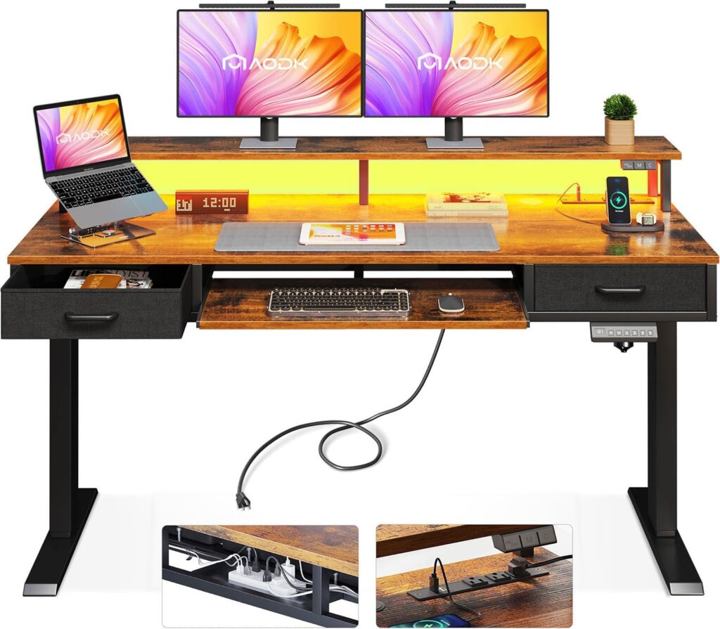 AODK Electric Standing Desk with Drawers & Keyboard Tray, 55 Inch Height Adjustable Gaming Desk with Power Outlets & LED Lights, Sit Stand Table with Monitor Stand for Home, Office, Rustic Brown