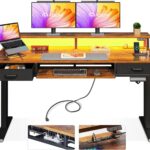 AODK Electric Standing Desk with Drawers & Keyboard Tray, 55 Inch Height Adjustable Gaming Desk with Power Outlets & LED Lights, Sit Stand Table with Monitor Stand for Home, Office, Rustic Brown