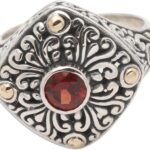 NOVICA Artisan Handmade 18k Gold Accented Garnet Cocktail Ring .925 Sterling Silver from Bali Indonesia Birthstone Gemstone ‘Temple Base’