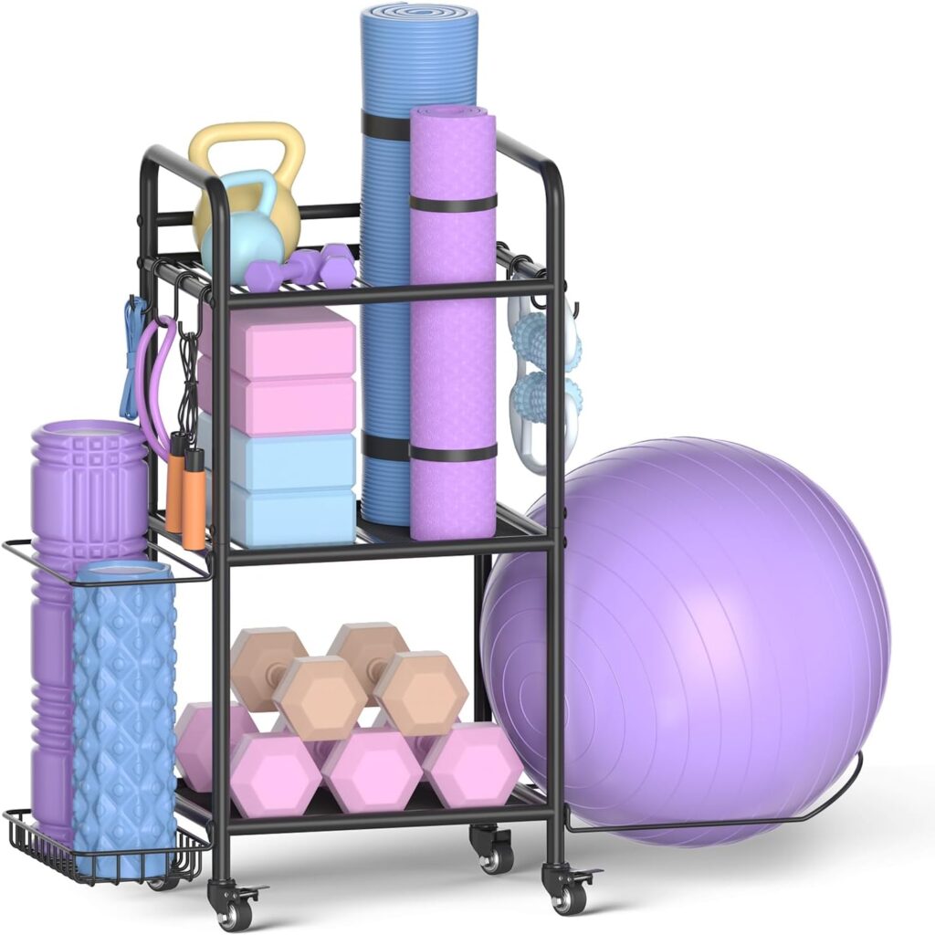 Home Gym Storage Rack Exercise Equipment Storage Organizer for Yoga Mat Dumbbells Kettlebells Foam Roller Yoga Strap & Resistance Bands, Ideal Yoga Mat Holder & Workout Equipment Organizer