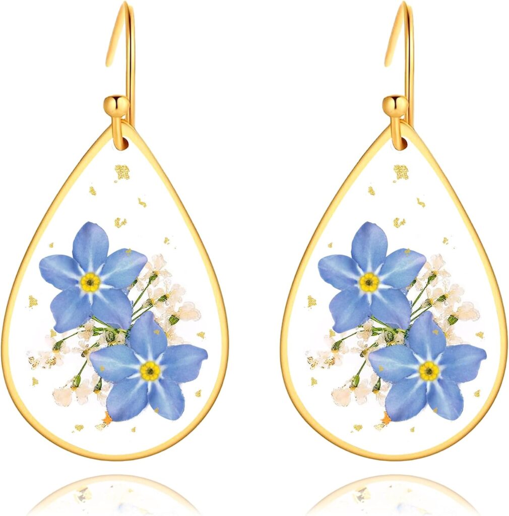 Sereney Forget Me Not Pressed Flowers Earrings, Dainty Sterling Silver Earrings as Memorial Gifts, Blue Flower Teardrop Earrings Sympathy Gifts for Loss of Loved One Dangle Earrings for Mom