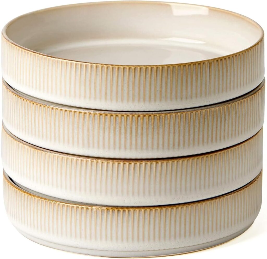 famiware Star 7.5″ Pasta Bowls Set, Salad Bowl Set of 4, Double Reactive Glaze, Stackable, Ideal for Your Friend for Housewarming, Festivals, Cappuccino White