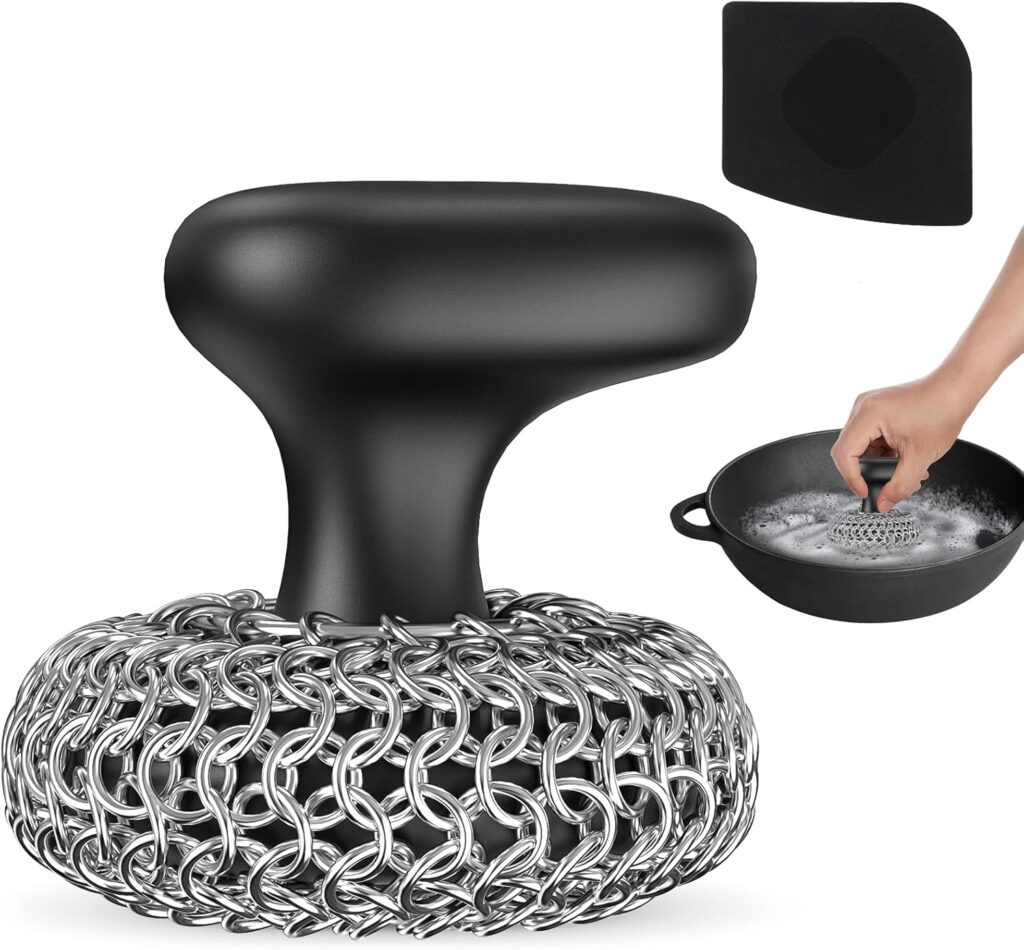 Cast Iron Scrubber | Dish Scrub Brush | 316 Cleaner Chainmail Scrubber for Cast Iron Pan Skillet Cleaner – Dish Scouring Pad Dishwasher Safe Cleaning Kit, Black 02