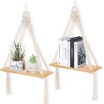 Macrame Wall Hanging Shelf Set of 2,Boho Wooden Display Floating Shelves for Wall Decor with Handmade Woven Rope,Farmhouse Rustic Plant Shelf for Bedroom Dorm Nursery Living Room Bathroom