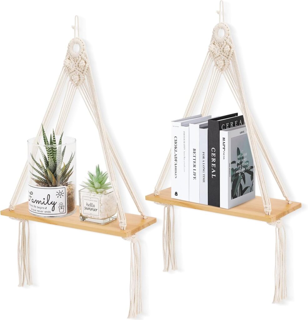 Macrame Wall Hanging Shelf Set of 2,Boho Wooden Display Floating Shelves for Wall Decor with Handmade Woven Rope,Farmhouse Rustic Plant Shelf for Bedroom Dorm Nursery Living Room Bathroom