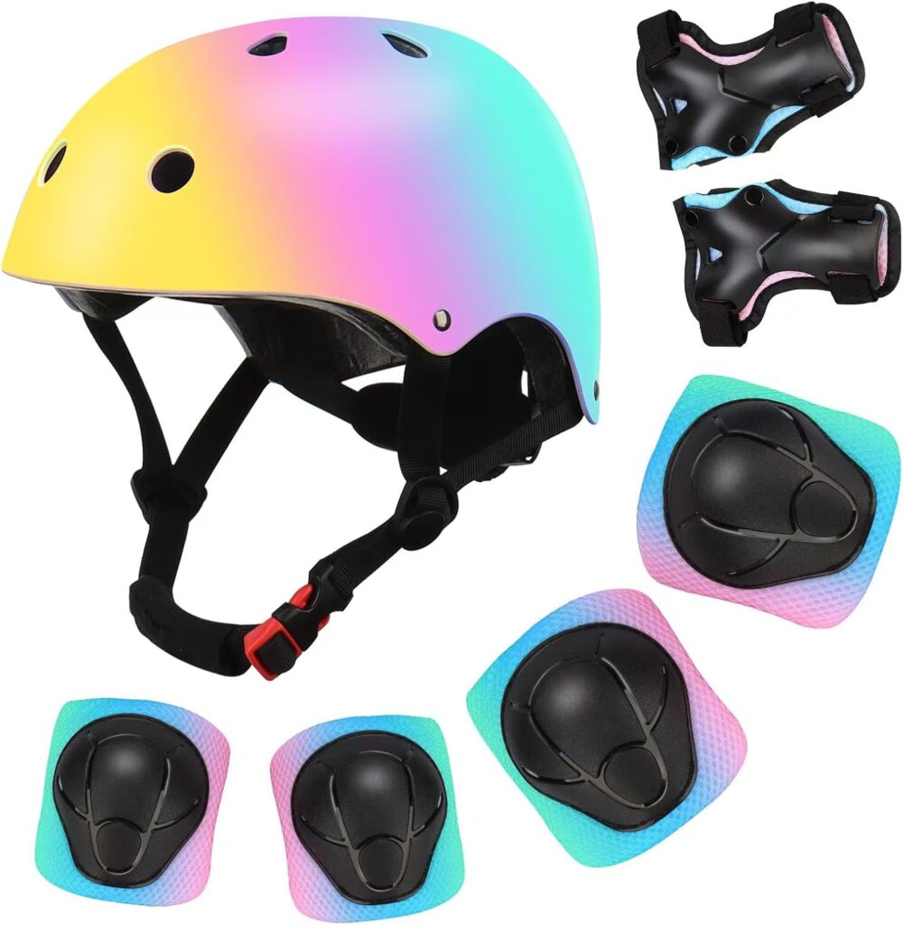 Color Gradient Adjustable Kids’ Helmet with Knee & Elbow Pads Set | Multi-Sport Safety Gear for Boys & Girls Ages 5-14 | Skateboarding, Scooters, Roller & Inline Skating, Longboarding