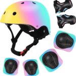 Color Gradient Adjustable Kids’ Helmet with Knee & Elbow Pads Set | Multi-Sport Safety Gear for Boys & Girls Ages 5-14 | Skateboarding, Scooters, Roller & Inline Skating, Longboarding