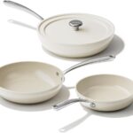 Redchef Ceramic Frying Pans, 4-Piece Non Stick Frying Pans, Non Toxic Skillet with Lid, Ceramic Cookware Set, 8″ 9.5″ 11″ Egg Saute Pan, PFAS & PTFE & PFOA Free, Dishwasher & Oven Safe, Beige White