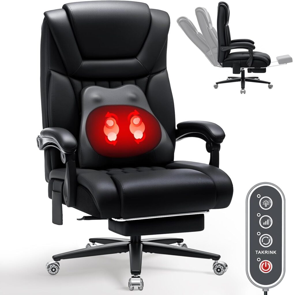 HOFFREE Kneading Massage Office Chair with Heat 500lbs Ergonomic Desk Chair with Footrest and Lumbar Support Pillow PU Leather Executive Computer Chair for Heavy People (Black)