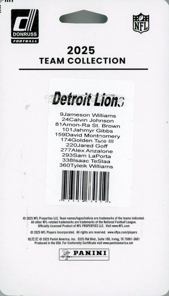 Detroit 2025 Lions Donruss Football Limited Edition 11 Card Complete Factory Sealed Team Set with Jared Goff, David Montgomery, Sam Laporta, Hall of Fame Legend Calvin Johsnson & Many More!