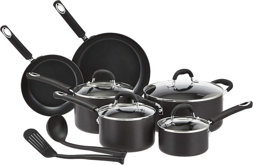 Amazon Basics Hard Anodized Non-Stick 12-Piece Cookware Set, Black – Pots, Pans and Utensils