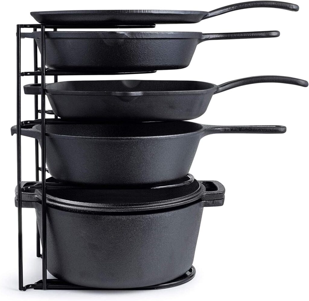 Cuisinel Heavy Duty Pots and Pans Organizer – Extra Large 5-Tier Rack – Holds Cast Iron Skillets, Dutch Oven – Durable Construction – Space Saving Kitchen Storage – No Assembly Required – Black 15.4″