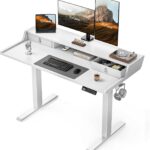 ErGear Electric Standing Desk with Drawers, 48″ x 24″ Gaming Table Compatible Monitor Stand, Stand up Desks, Home Office Height-Adjustable Desk with Storage Shelf, 4 Preset Heights, White