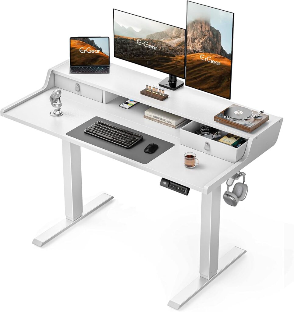 ErGear Electric Standing Desk with Drawers, 48″ x 24″ Gaming Table Compatible Monitor Stand, Stand up Desks, Home Office Height-Adjustable Desk with Storage Shelf, 4 Preset Heights, White