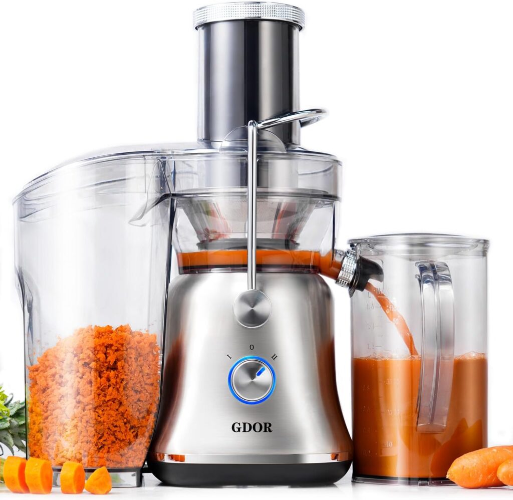 GDOR 1300W Powerful Juicer with Larger 3.4″ Feed Chute, Titanium Enhanced Cutting System, Centrifugal Juice Extractor Maker with Heavy Duty Full Copper Motor, Dual Speeds, BPA-Free, Silver
