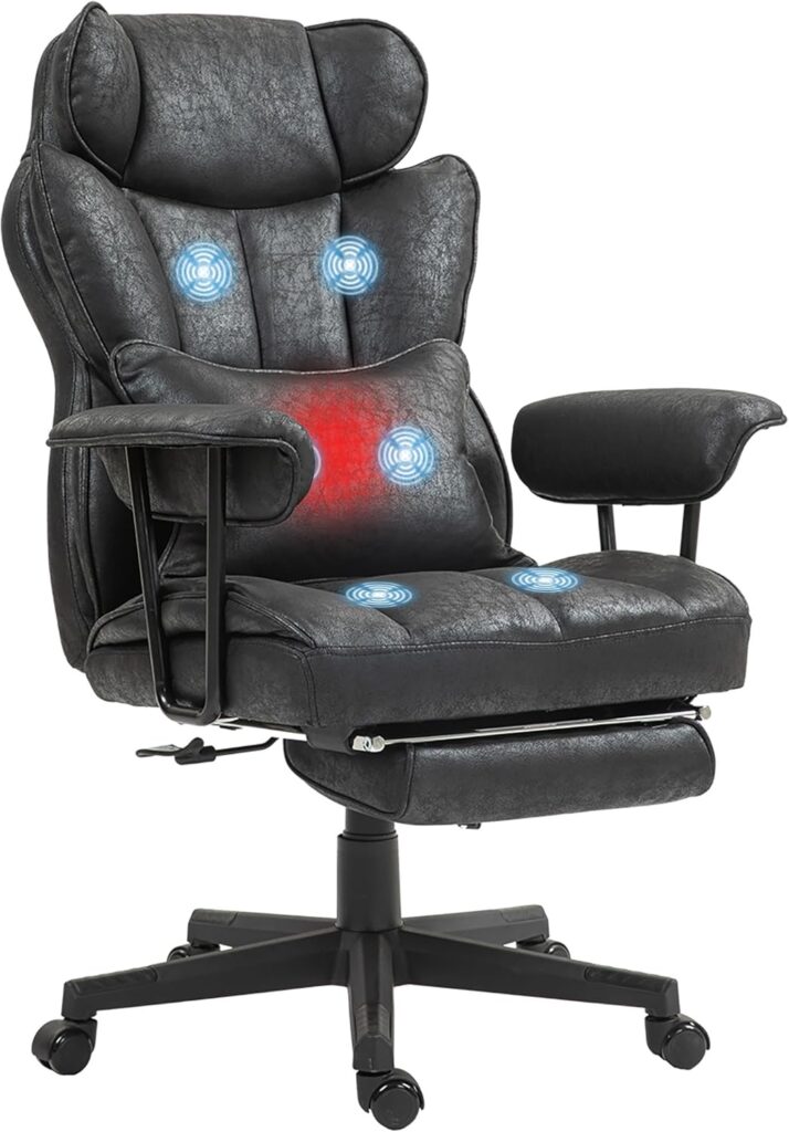 HOMCOM Massage Executive Office Chair with 6 Vibration Points, 400LBS Heated Big and Tall Office Chair with Foot Rest and Lumbar Support, Microfiber Reclining Computer Desk Chair, Black