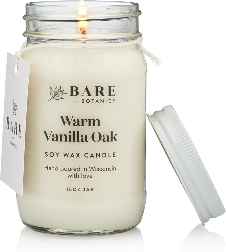 Bare Botanics Warm Vanilla Oak Scented Soy Candle – Premium Candle in 16 oz Mason Jar – 100% Natural Soy Wax & Plant-Based Fragrance Oils, Softly-Scented – Handpoured in WI – 85 Hrs Long Burning