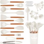 Kitchen Utensils Set – 34 PCS Non-Stick Silicone Cooking Utensils Set with Wooden Handle,Kitchen Gadgets Tools Set for Nonstick Cookware (Cream White-34P)