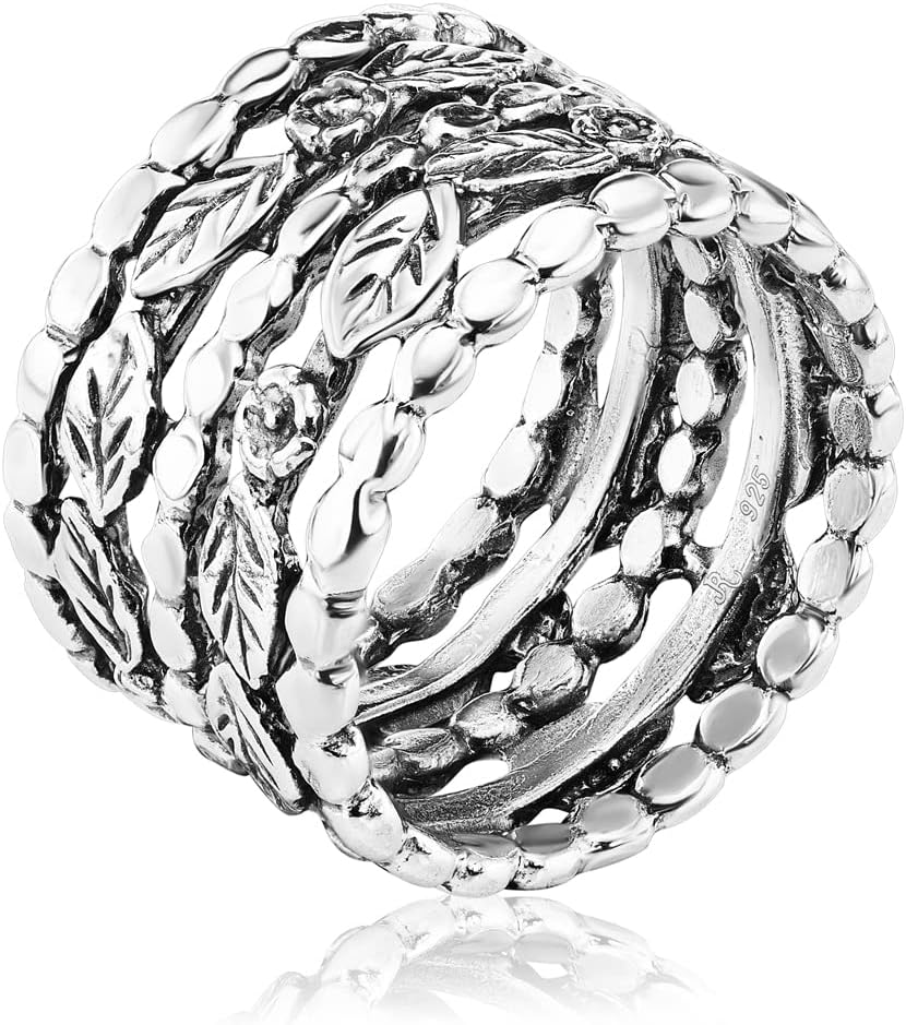 JEAN RACHEL JEWELRY 925 Sterling Silver Ring – Wide Multi Strand with Floral & Leaves Oxidized Vintage Design – Hypoallergenic, Lead & Nickel Free – Artisan Handcrafted Statement Rings for Women