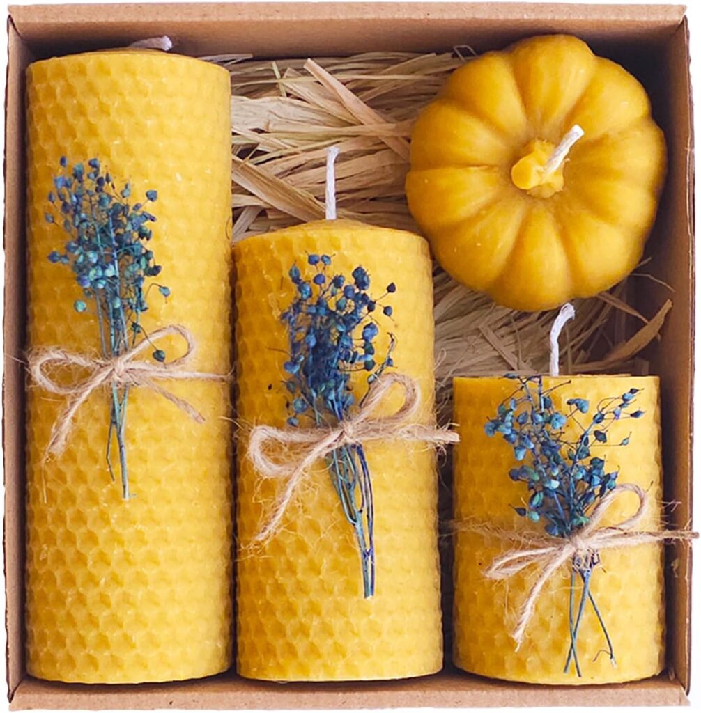 Beeswax Candle Gift Set – 4 Natural Candles with Blue Dried Flowers & Pumpkin Box – Handmade Decorative Candles for Holidays, Birthdays & Special Occasions
