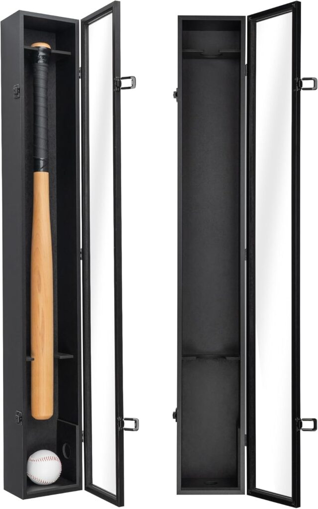 Americanflat 37.8×4.3 Baseball Bat Display Case with Baseball Storage for Collectibles – Wall Mounted Bat Case with Polished Plexiglass – All-Star Collection – Black