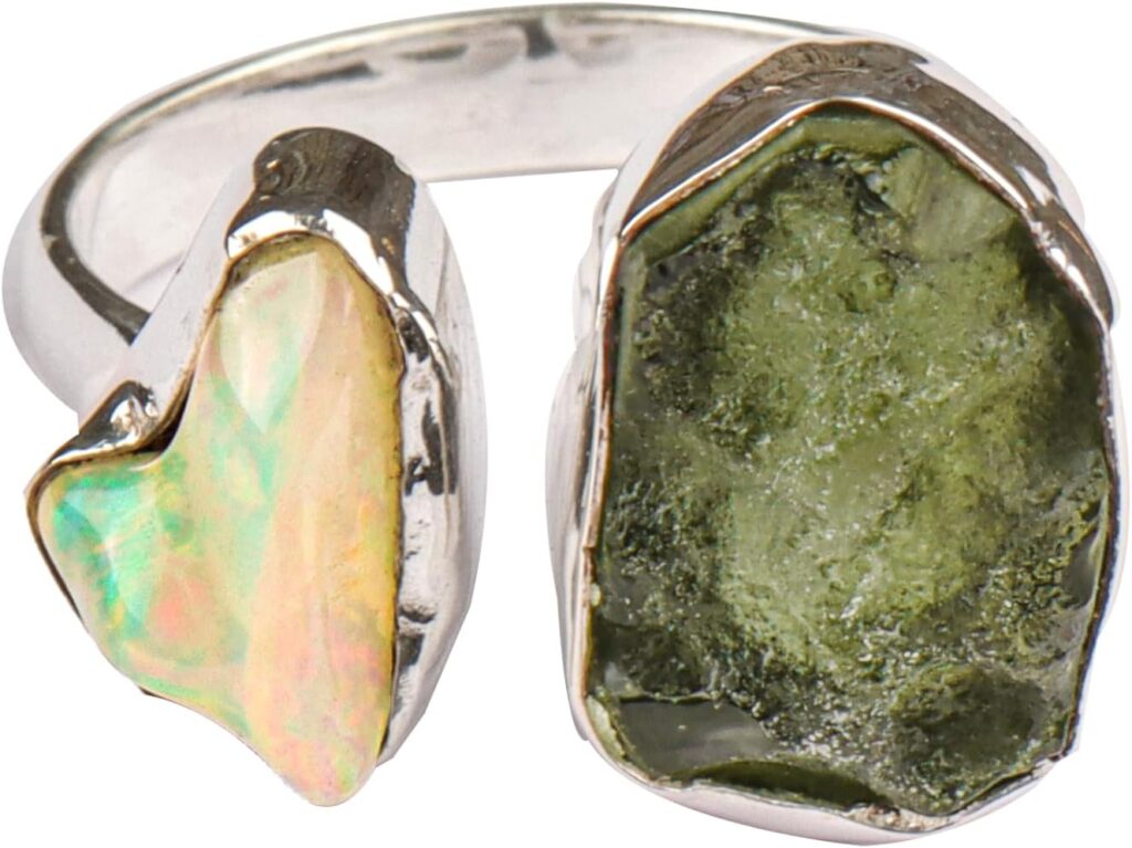 Rough Moldavite Ring & Ethiopian Opal Ring Natural Gemstone 925 Solid Sterling Silver Handmade Jewelry Ring