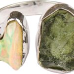 Rough Moldavite Ring & Ethiopian Opal Ring Natural Gemstone 925 Solid Sterling Silver Handmade Jewelry Ring