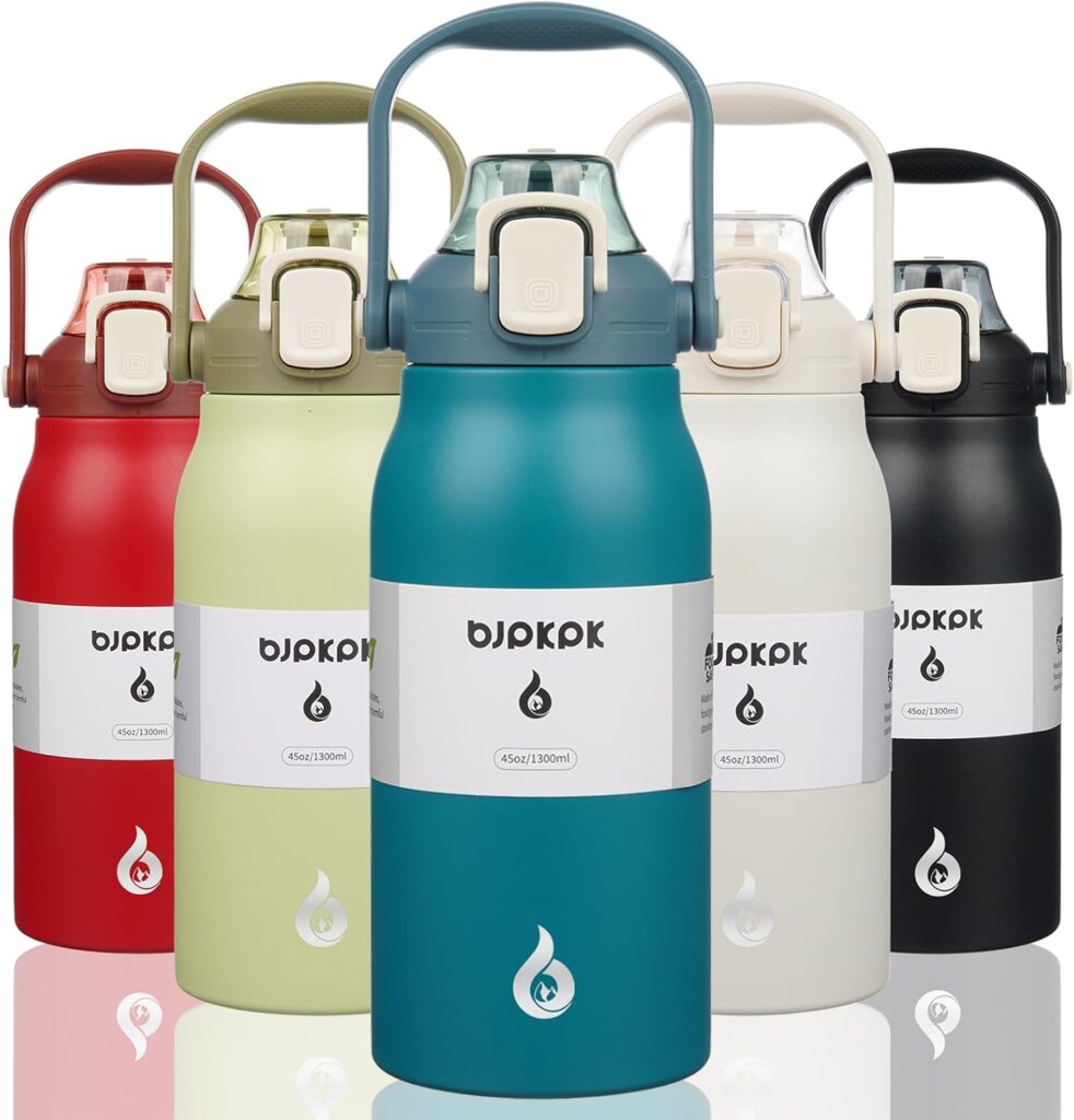 BJPKPK Insulated Water Bottles with Straw, 45 oz Stainless Steel Metal Water Bottle with One-handed Opening Lid, BPA Free Reusable Jugs, Thermo for Gym Sports Outdoors, Light Blue