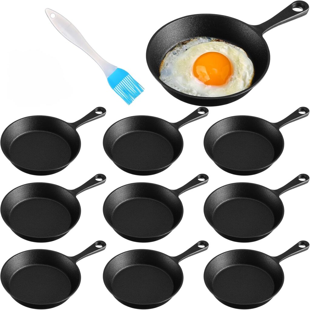 Remerry 10 Sets 4 Inches Cast Iron Skillets Mini Black Iron Nonstick Frying Pan Small Sizzling Plate Egg Pan Cast Pot Bundle with Oil Brush for Indoor and Outdoor Restaurant Kitchen