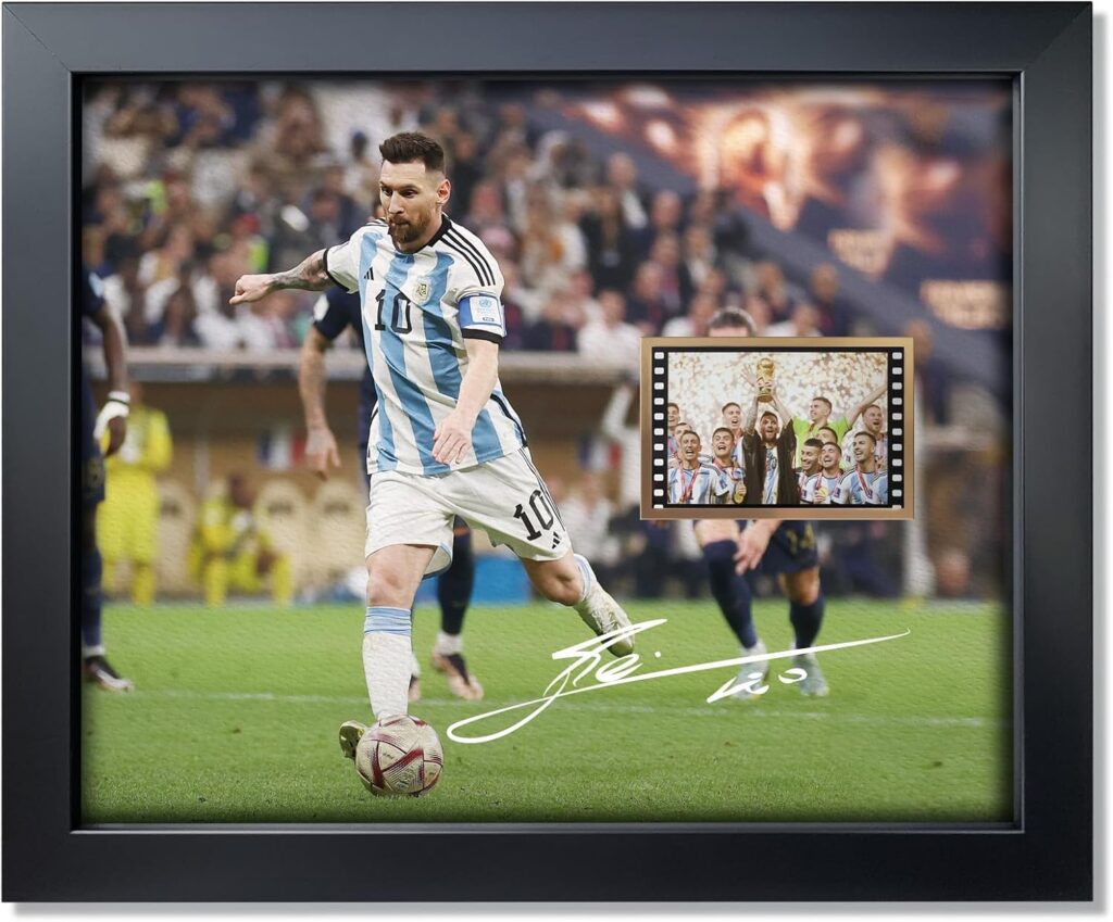 sufenvera Signed Lionel Messi World Cup 2022 Film Photo Collage,Messi Memorabilia Framed Poster, Gifts for Soccer Ball Fans on Birthday Thanksgiving Christmas 10×8 Inches