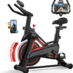 Exercise Bike, Brake Pad Stationary Bikes for Home with App Compatible, Low Noise Indoor Cycling Bike, 300lbs Capacity Compact Workout Bike with Tablet Mount & Extra Comfort Seat