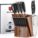 BRODARK Kitchen Knife Set with Block, Full Tang 15 Pcs Professional Chef Knife Set with Knife Sharpener, Food Grade German Stainless Steel Knife Block Set, Steel-king Series