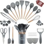 Unokit Silicone Cooking Utensils Set for Kitchen – 38 PCS Utensils Set, 446℉ Heat Resistant Cooking Utensils Spatula Set with Wooden Handle and Holder, Gadgets for Non-Stick Cookware, Grey