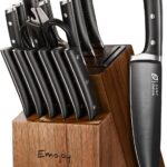Knife Set, Emojoy 17-Piece Kitchen Knife Set with Heavy-Duty Acacia Block, Premium Titanium Stainless Steel Knife Block Set with Built-in Sharpener, Rust Proof