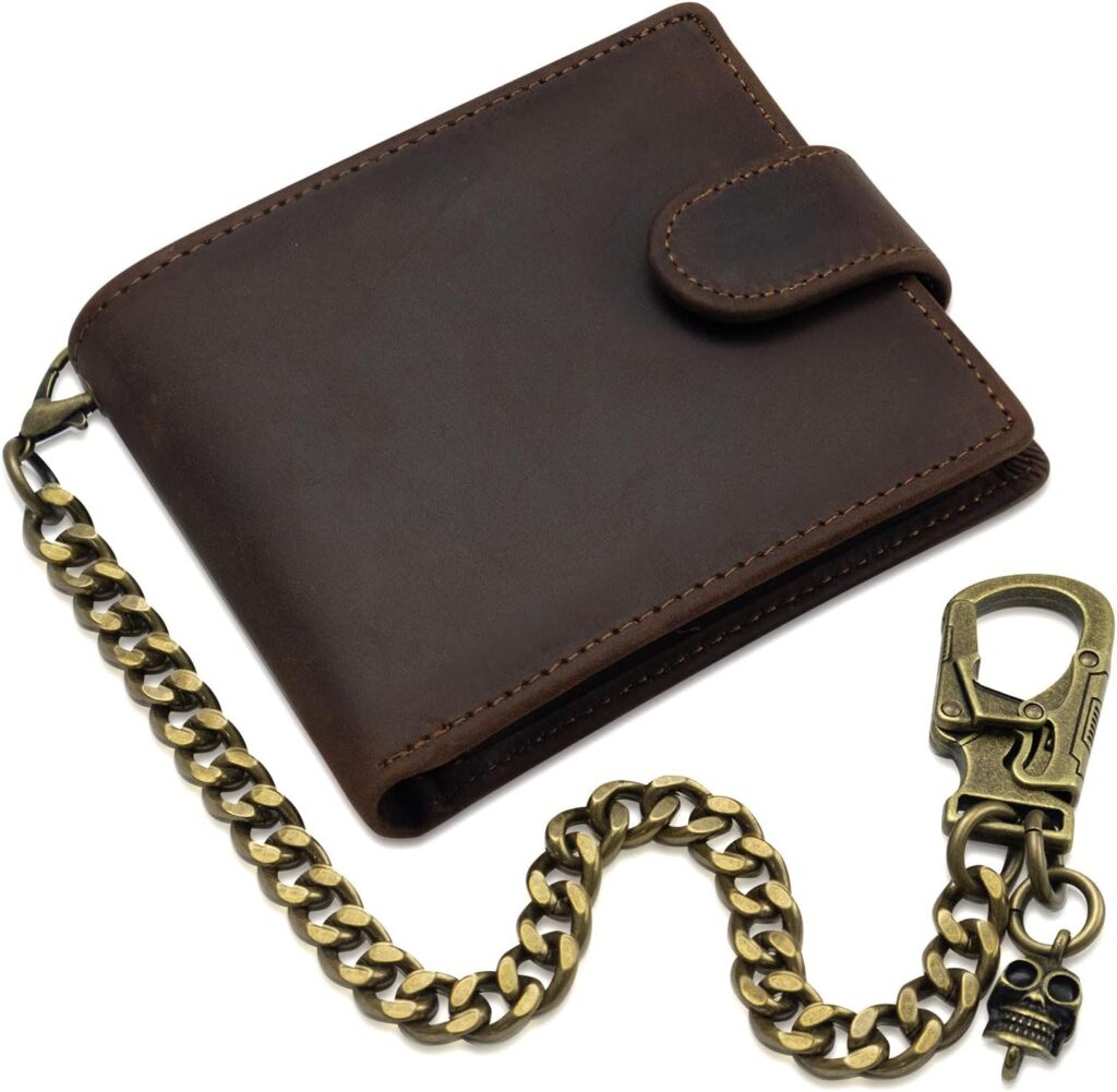 Ahiller Chain Wallet for Men Genuine Crazy Horse Leather Wallets with Detachable Anti-Lost Double Locking Stainless Steel Carabiner Wallet Chain,Men’s Gift-Brown