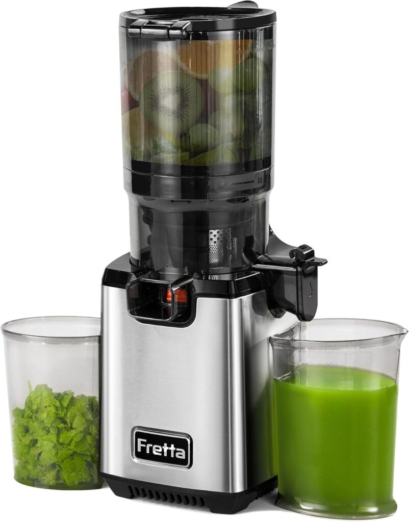 Fretta Cold Press Juicer,Juicer Machines Vegetable and Fruit,Masticating Juicer with 5.3” Large Feed Chute fit Whole Fruits,BPA-Free, Reverse Function,Durable Stainless Steel Body,250W Quiet Motor