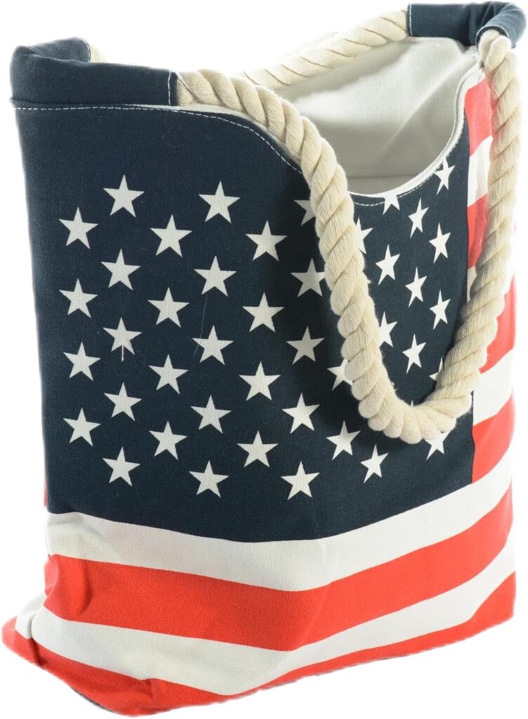 USA Flag Canvas Tote Travel Bag for Women – Large Durable Reusable Patriotic Design Shopping Bag with Zipper for Work, Beach, Groceries