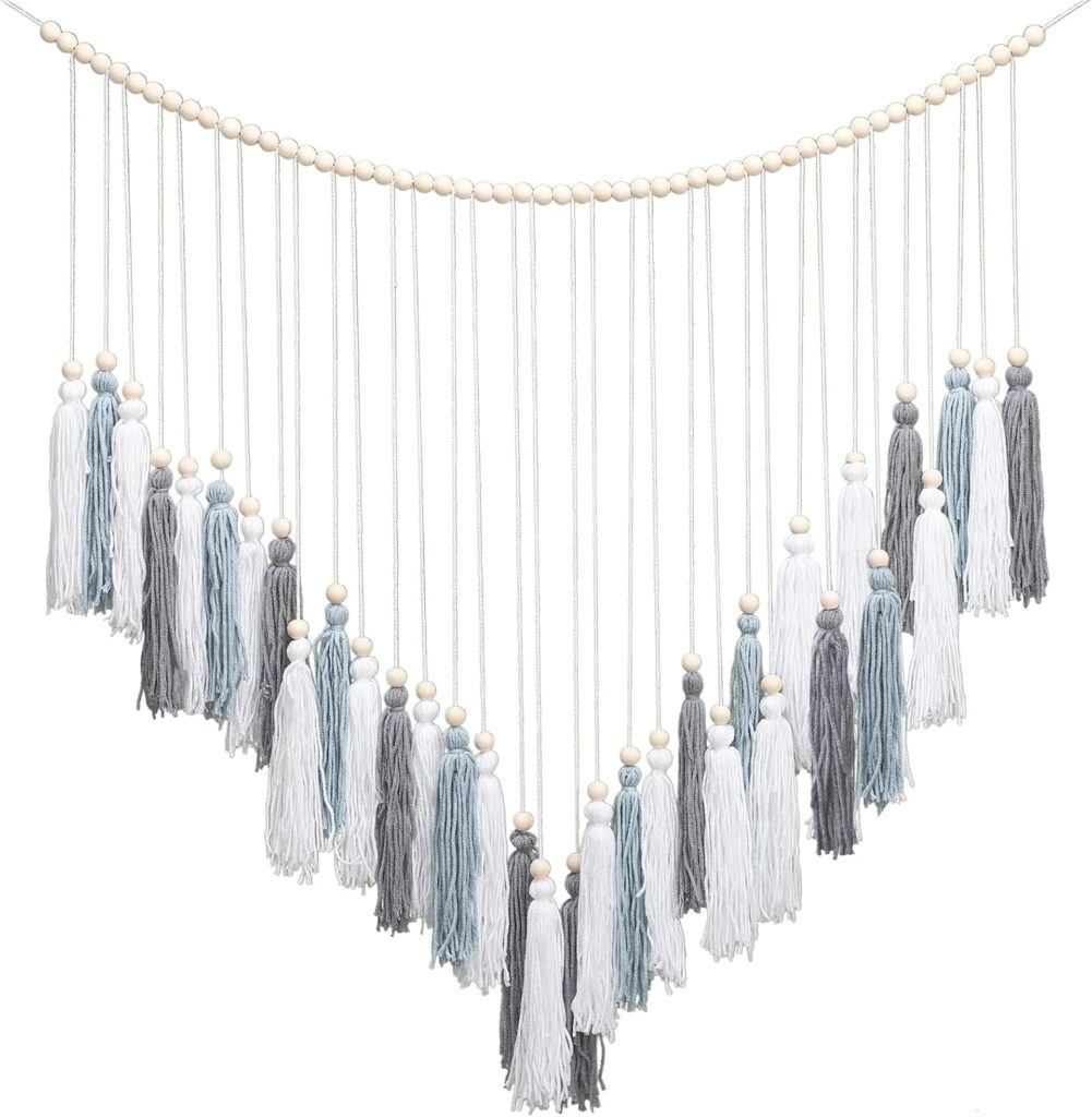 Luxbrand Grey Macrame Hanging Boho Wall décor, Neutral Tassel Wall Hanging with Wood Beads, Bohemian Bedroom Living Room Dorm Room Nursery Decoration, 41″ W x 32″ H